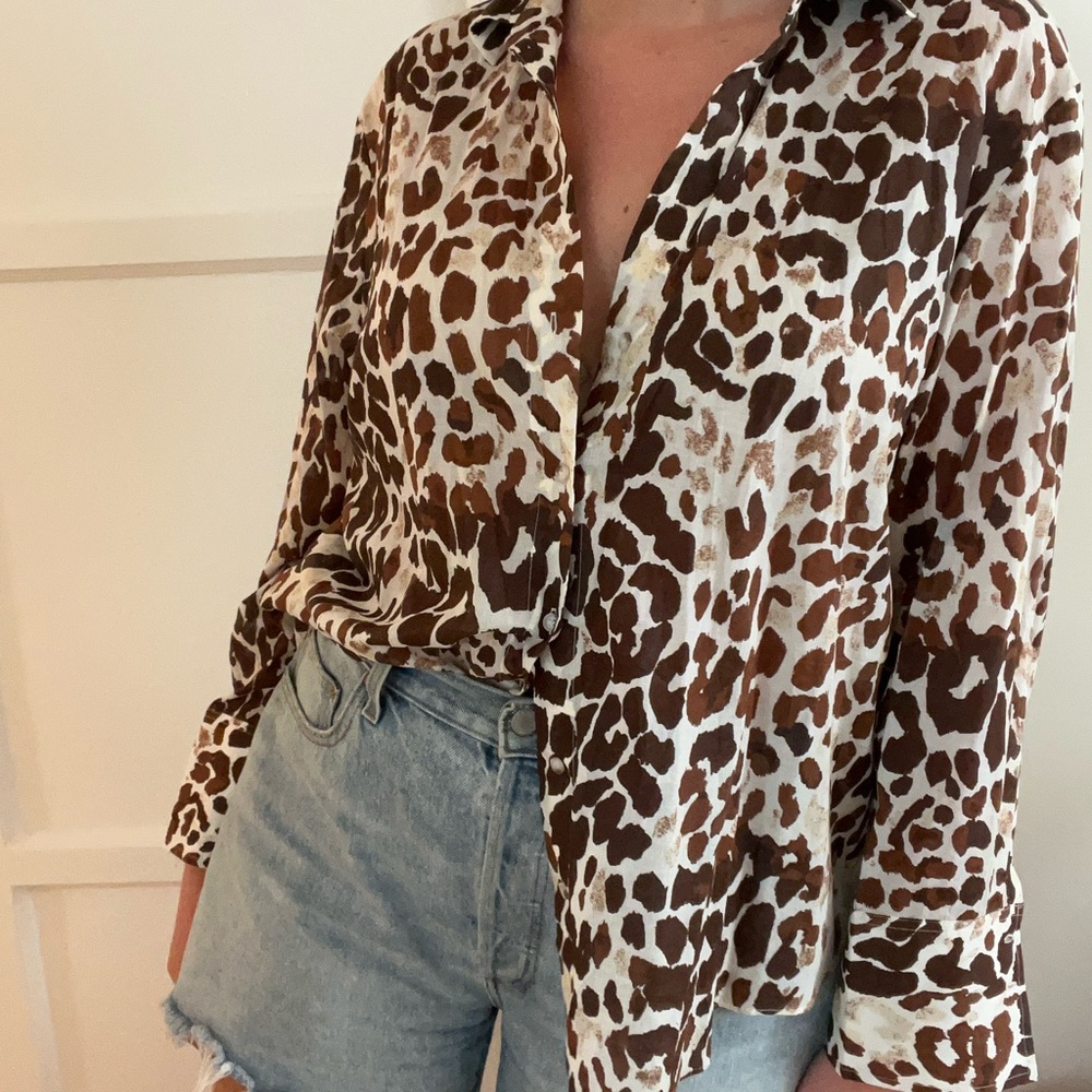 Mango Brown Leopard Print Button Down Shirt